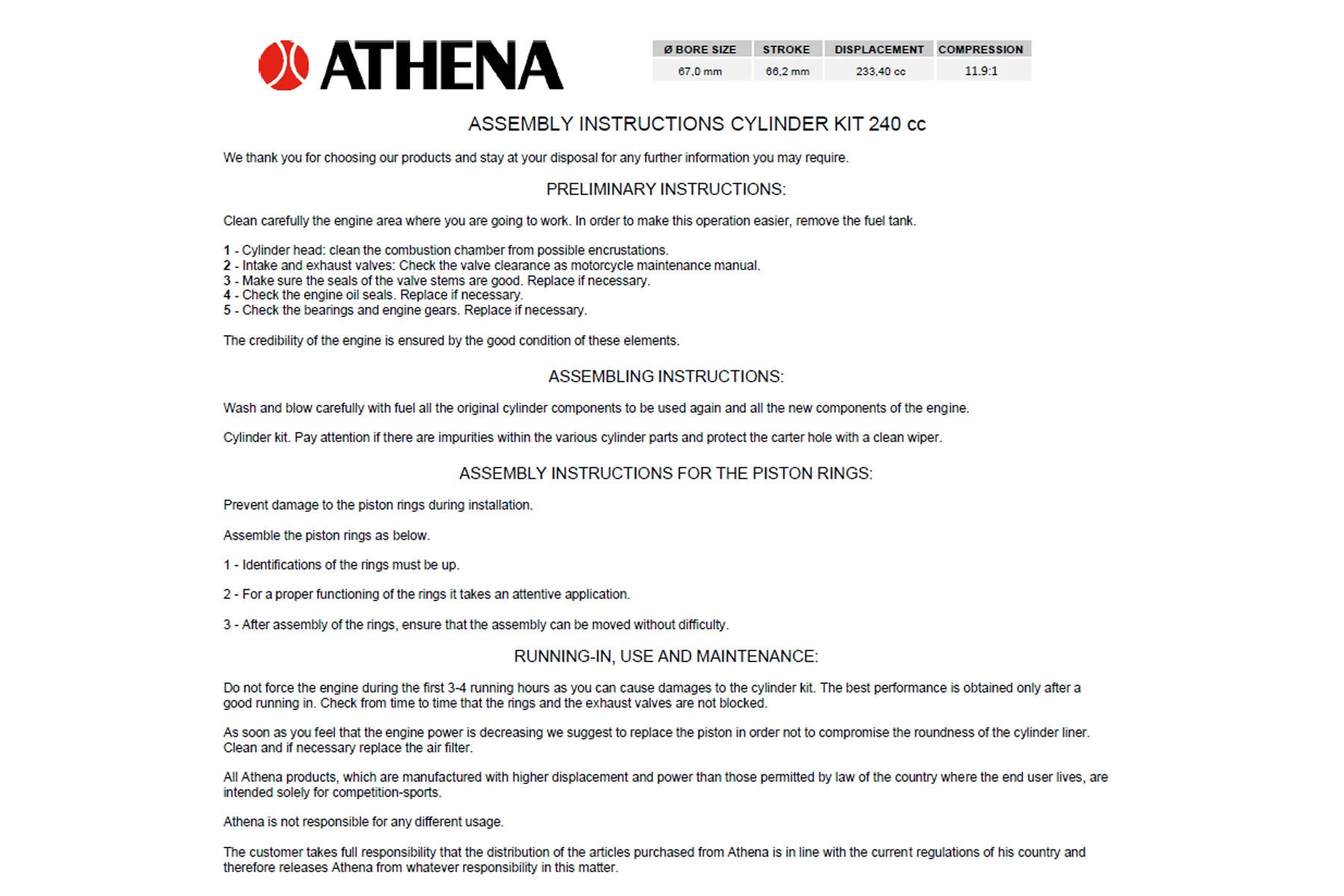 Athena Honda CRF230F 67mm Big Bore Cylinder Piston Kit 233cc '2007-2015 Bolt-On! - Image 11