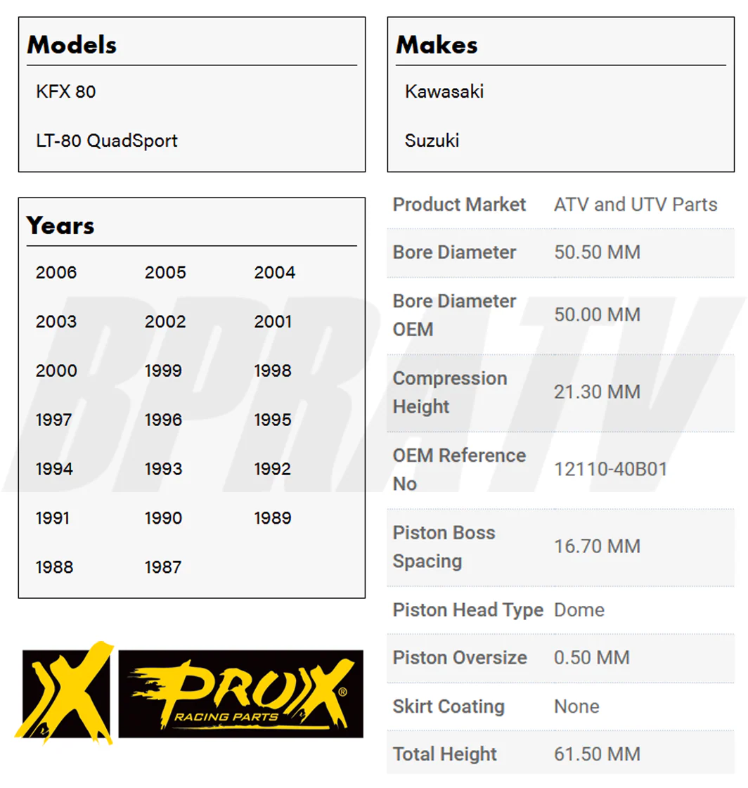 Suzuki LT80 Kawasaki KFX80 50.50mm 0.50mm Over Size PROX Top End Kit 01.3180.050 - Image 3